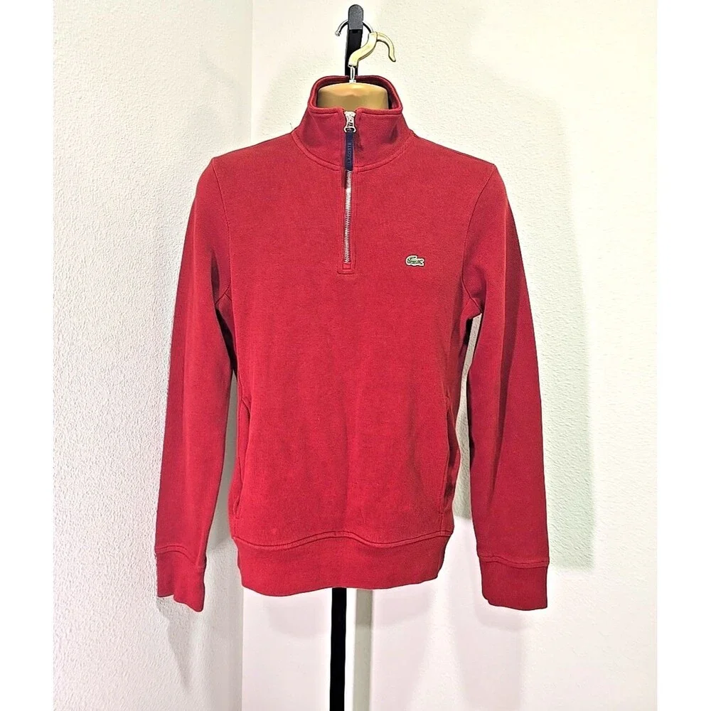 Lacoste Mock Neck Sweater Mens Sm Cotton 1/4 Zip Logo Ribbed Red Classic Preppy